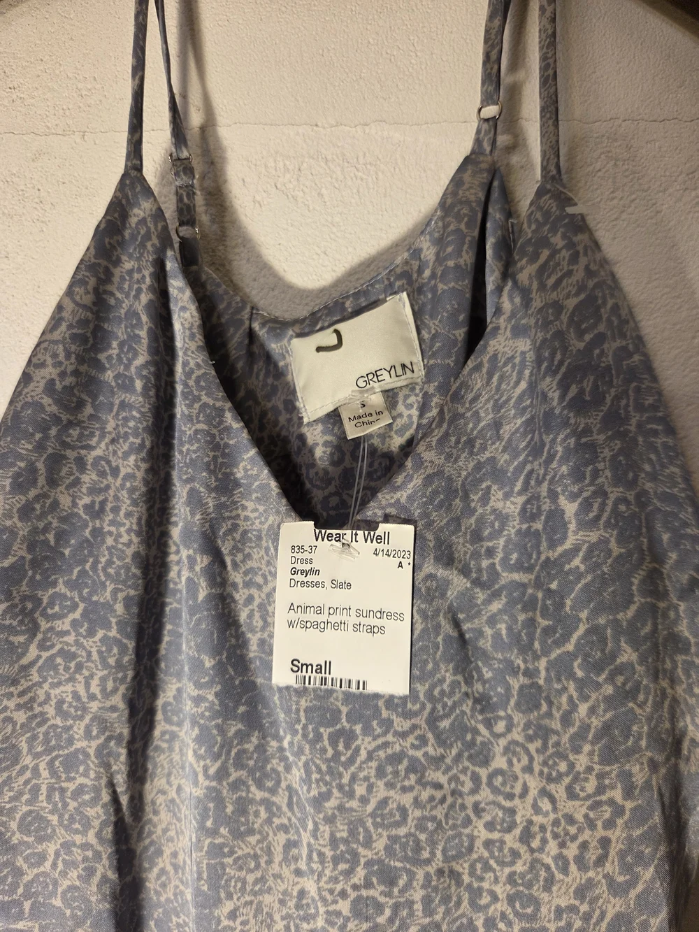 GREYLIN Women's Small Blue Animal Print Spaghetti Strap Midi Sundress Dress